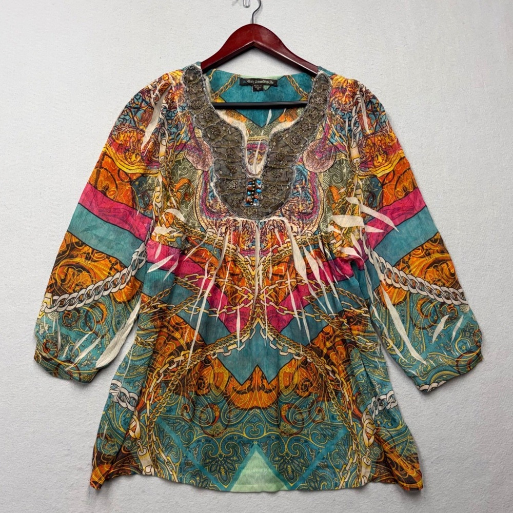 Mushka Sienna Rose Tunic Women M Multi Color Beaded Mesh Neck Y2K Scarf Print